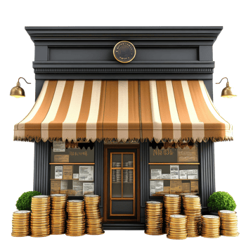 Charming storefront adorned with stacks of coins showcases unique design and inviting atmosphere, Charming Storefront with Coin Stacks on white background Small Business Revenue Concept png