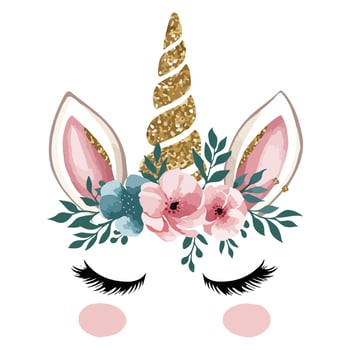 Elegant Floral Unicorn Clipart with Gold Glitter Horn Cute Magical Design. vector
