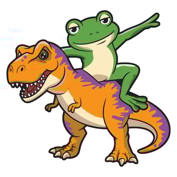 Funny Frog Riding T-Rex Quirky Cartoon Dinosaur Illustration. vector