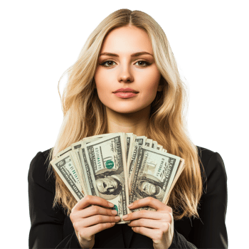 Businesswoman confidently showcasing cash in professional attire against white background, Businesswoman with Dollars isolated on white background png