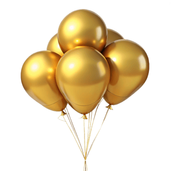 A cluster of five shiny golden balloons tied together, floating against a black background png