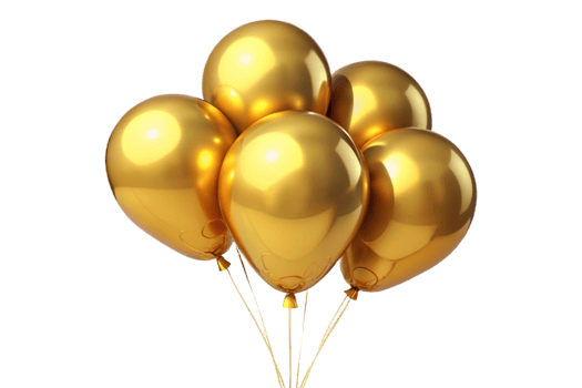 Five Shiny Golden Balloons Floating in the Air with Confetti png