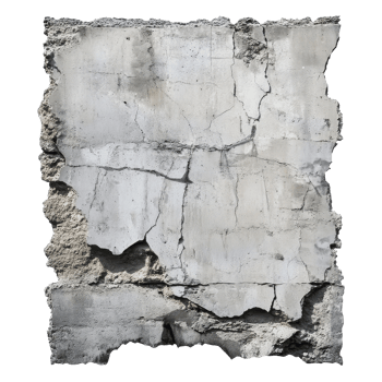 Broken concrete wall with cracks and peeling texture set against a clear white background, broken concrete cement wall, isolated background png