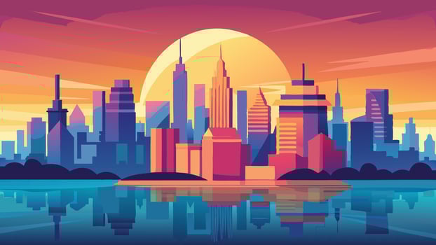 Vibrant Cityscape at Sunset Modern City Skyline Reflected in Calm Water vector