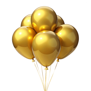 A cluster of shiny golden balloons tied together with strings against a black background png