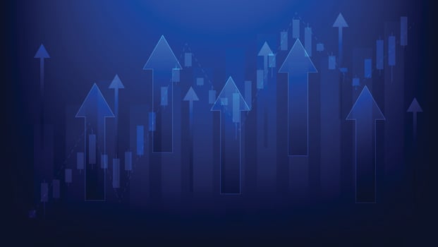 business finance and economy growth. arrow up with candlestick with bar chart on blue background vector