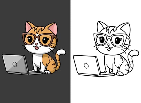Cute Smart Cat with Glasses Working on Laptop Digital And Coloring Page Version. vector