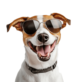 Happy dog in sunglasses enjoying the moment against a white background, Funny happy dog wearing sunglasses white background png