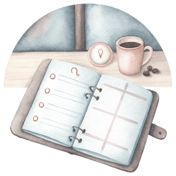 Zodiac Coffee Lovers clipart, cozy planner setup with coffee cup and open pages png