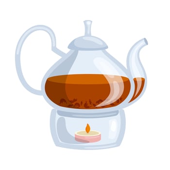 Transparent glass tea brewing teapot heated by candle. Illustration in flat style on white background. vector