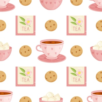 Seamless pattern in flat style. Cup of tea, tea bag, cookies. Illustration on white background. vector
