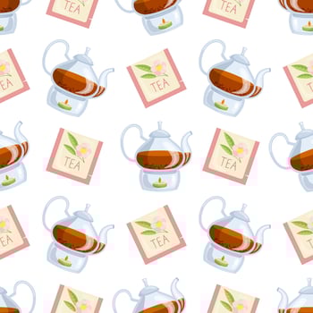 Seamless pattern of glass teapots and tea bags on white background. Flat illustration. vector