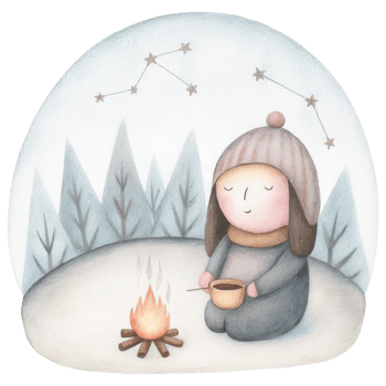 Zodiac Coffee Lovers clipart, Cozy illustration of person making coffee by campfire under stars png