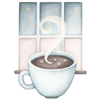 Zodiac Coffee Lovers clipart, steaming coffee cup with whimsical swirl of steam and stars, viewed through window png