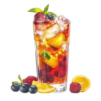 Refreshing colorful drink with ice and fruit displayed in a tall glass on a bright background, colorful drink with ice and fruit in a tall glass, Transparent background png