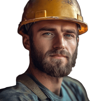 Handsome man wearing a worker helmet stands confidently beside a wall of bricks at a construction site, Handsome man in worker helmet with brick png