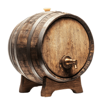 Oak wooden wine barrel with tap is ideal for wine storage and serving in home or culinary settings, Oak wooden wine barrel with tap isolated on Transparent background png