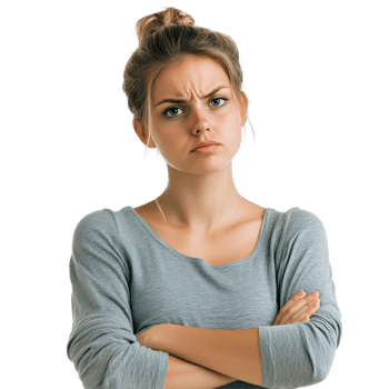 Young woman with arms folded expresses frustration while talking in a bright, isolated space, Young Woman with Arms Folded Talking on Head isolated on Transparent background png