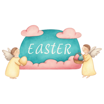 Easter message with angels holding eggs and basket clipart Photo isolated on transparency background png