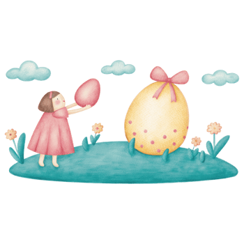little girl in pink dress joyfully holds Easter egg near large decorated egg. clipart Photo isolated on transparency background png