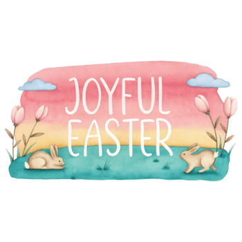 Joyful Easter greeting card with bunnies and flowers in pastel colors clipart Photo isolated on transparency background png