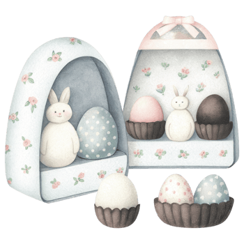 Cute Easter illustration featuring bunnies and decorated eggs Clipart Photo isolated on transparency background png