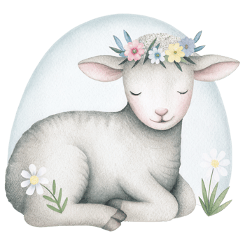 soft pastel drawing of sleeping lamb with floral crown. Clipart Photo isolated on transparency background png