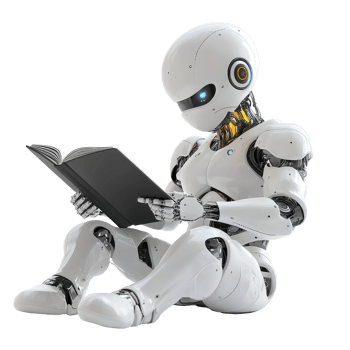 Cheerful humanoid android engages in reading a book on a white background, Cheerful Humanoid Android Reading Book on white background png