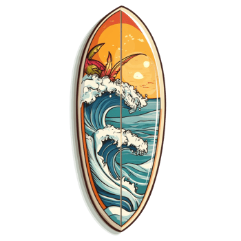Colorful surfboard design features sun, waves, and plants against a bright Transparent background, Surfboard with cartoon style background png