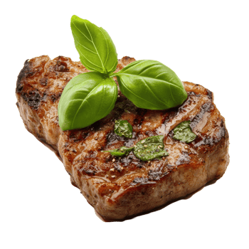 Juicy grilled steak garnished with fresh basil against a clean Transparent background, piece steak with a sprig basil on top, background png