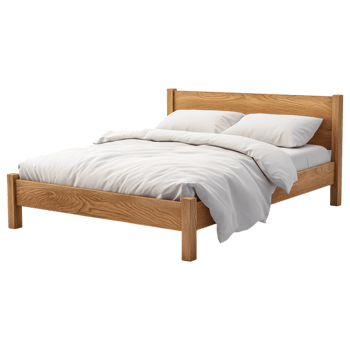 Minimalist wooden bed frame with soft bedding and pillows clip art on a transparency background png