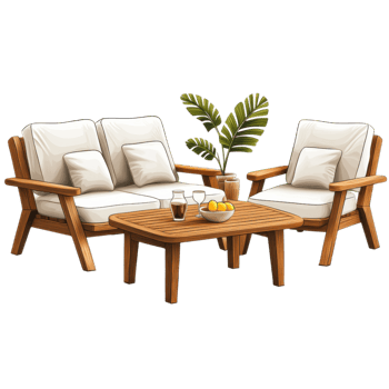 Modern outdoor patio set with neutral cushions and decorative plant clip art on a transparency background png