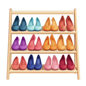 Modern multi tiered shoe rack displaying colorful shoes in various shades clip art on a transparency background png