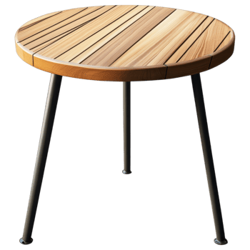 Round wooden side table with metal legs, perfect for modern decor. png