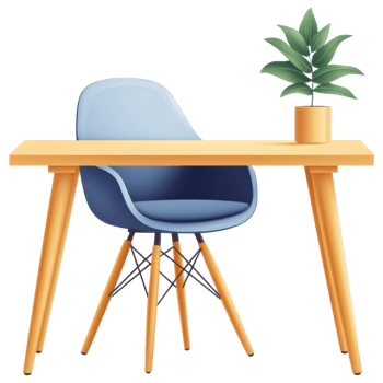 Stylish desk with blue chair and potted plant for modern decor clip art on a transparency background png