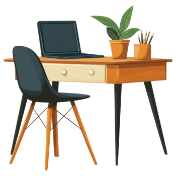 Stylish desk with chair, laptop, and potted plant for workspace clip art on a transparency background png