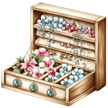 beautifully designed jewelry organizer with colorful flowers and accessories clip art on a transparency background png