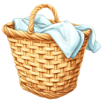 Woven laundry basket with light cloth on top, perfect for organizing. clip art on a transparency background png
