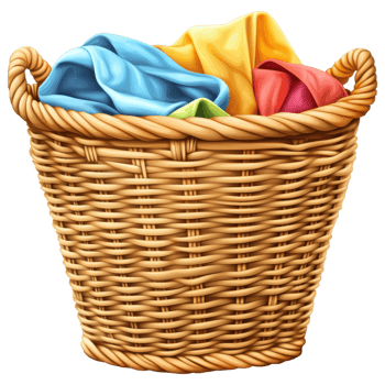 Woven laundry basket filled with colorful clothes on transparency background png