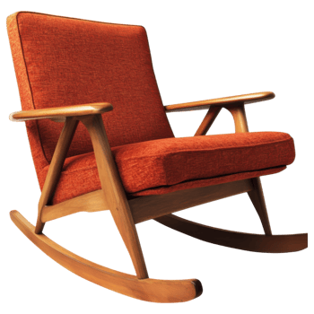 Mid century modern rocking chair with orange upholstery and wooden frame clip art on a transparency background png
