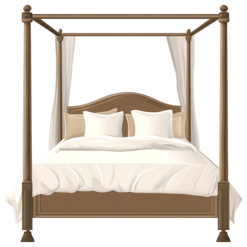 Elegant four poster bed with neutral bedding and soft pillows clip art on a transparency background png