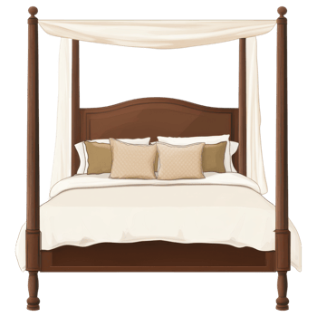 Elegant four poster bed with neutral bedding and decorative pillows clip art on a transparency background png