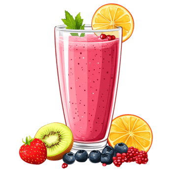 Fresh fruit smoothie in tall glass with vibrant colors and garnishes clip art on a transparency background png