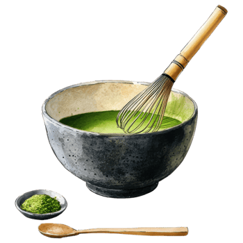Whisking matcha in traditional bowl with spoon and powder clip art on a transparency background png