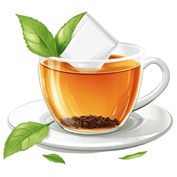 warm cup of black tea with tea bag, surrounded by fresh leaves. clip art on a transparency background png