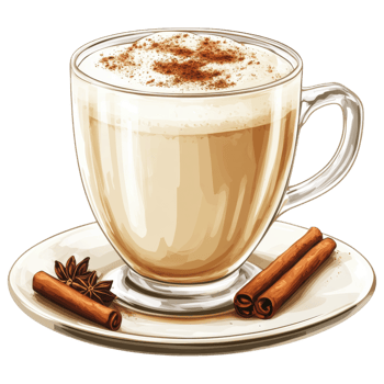 Delicious chai latte with cinnamon sticks on white plate clip art on a transparency background png