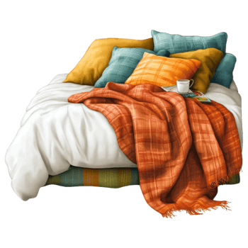 Cozy knitted blanket draped on bed with colorful pillows and cup clip art on a transparency background png