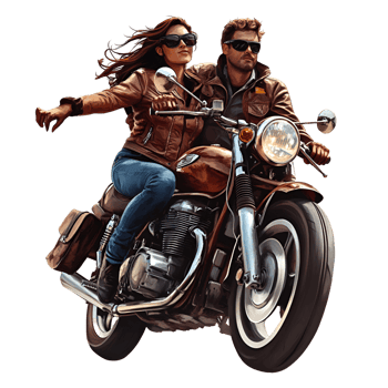 Romantic Couple Riding a Stylish Motorcycle on an Exciting Road Trip Adventure png