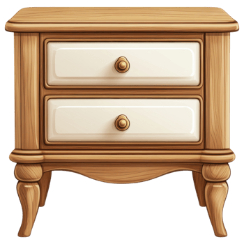 Elegant wooden nightstand with two drawers and golden knobs clip art on a transparency background png