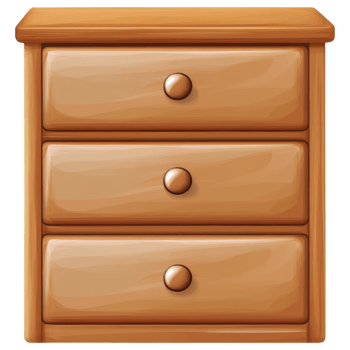 Wooden bedside table with three drawers, perfect for storage and decor. clip art on a transparency background png